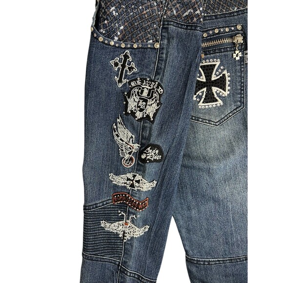 Platinum Plush LA 4991 Women's Biker Moto Jeans  Size 13  Embellished Gothic - Picture 11 of 16